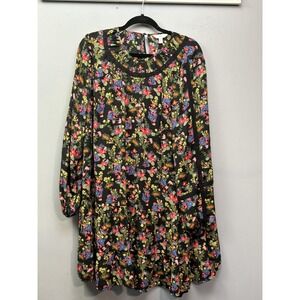Time And Tru Dress Womens 22 Black Floral Chiffon Swing Long Balloon Sleeve Plus